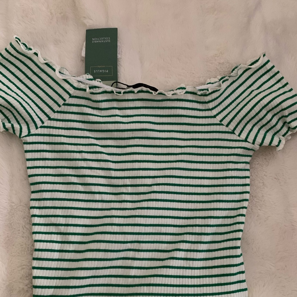 Off the shoulder striped top.